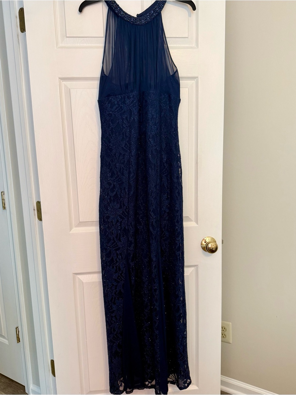 Elegant Navy Beaded Halter Night Way Evening Dress. Size 12.